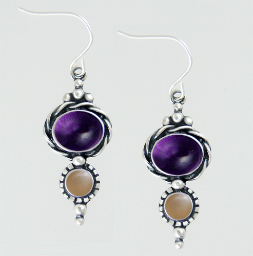 Sterling Silver Drop Dangle Earrings With Amethyst And Peach Moonstone